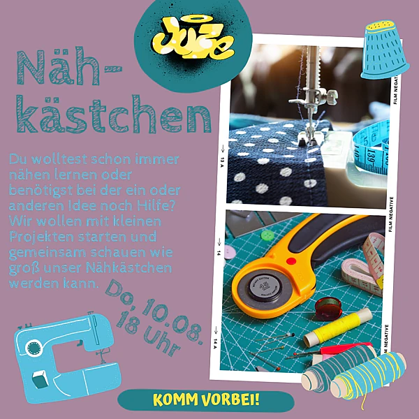 Du wolltest schon immer nähen lernen oder benötigst bei der ein oder anderen Idee noch Hilfe? Wir wollen mit kleinen Projekten starten und gemeinsam schauen wie groß unser Nähkästchen werden kann. Die Termine finden an Donnerstagen ab ca. 18 Uhr statt - genaueres erfährst du auf unseren Monatsprogrammen.